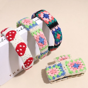 Handmade crochet floral headbands and hair clip set with strawberry knit patterns