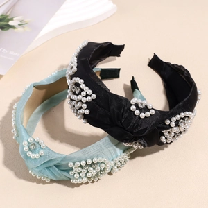 Vintage mesh knotted headbands with pearls and rhinestones in black and light blue