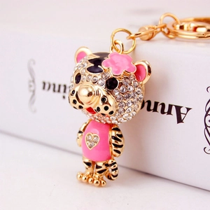 Porte-clés tigre créatif avec strass et émail rose pour accessoire de sac à main femme