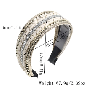 Size diagram showing dimensions of the woven headband with rhinestones and gold studs