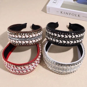 Bohemian Braided Wide Headband For Women With Metal Rivets And Rhinestones Vintage Padded Hair Hoop Elegant Fashion Hair Accessories
