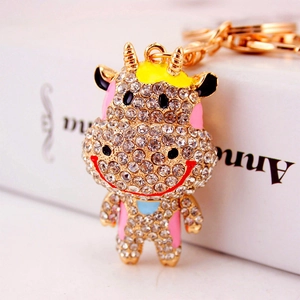 Porte-clés vache mignonne avec cristaux scintillants et finition en métal doré