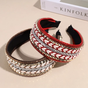 Knotted woven headband with sparkling rhinestones and golden metallic studs for women