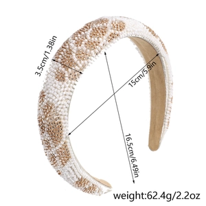 Detailed size and weight specs of hand-beaded Baroque headband with pearl textures