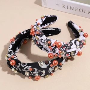 Halloween knot headbands with spider web skull patterns, pearls and rhinestone accents