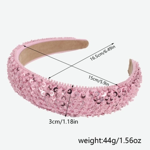 Vue détaillée du serre-tête à paillettes roses avec dimensions de 16,5 cm et doublure douce