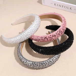 Serre-tête Rembourré Large de Luxe avec Paillettes et Perles pour Femmes Bandeau en Éponge Fait à la Main Mode Accessoires