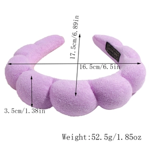 Détails des dimensions du serre-tête éponge violet avec hauteur de 17,5 cm et épaisseur