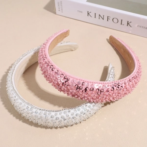 Serre-tête rembourré à la mode avec paillettes et perles en rose et blanc