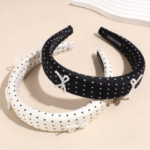 Vintage Polka Dot Padded Headband For Women French Style Satin Sponge Hair Band With Artificial Pearl Bow Fashion Hair Accessories