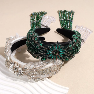 Serre-Tête Baroque de Luxe Large avec Strass et Glands en Cristal pour Femmes Broderie de Perles Florales à la Main pour Mariage