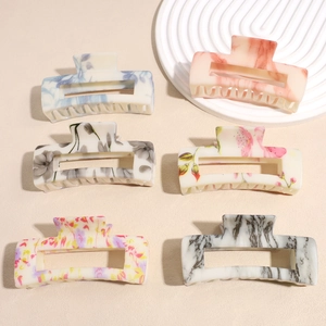 Korean Style Floral Acetate Hair Claw Clip For Women Large Square Hollow Hairpins Elegant Marble Ink Pattern Hair Accessories