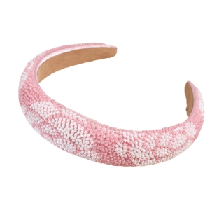 Baroque pink and white seed bead padded headband with soft velvet anti-slip lining