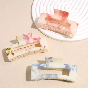 Floral square hollow hair claw clips set in pink marble and blue flower patterns