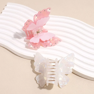 Pinces à cheveux papillon double couche avec strass, tons rose féerique et blanc nacré