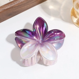 Gradient purple pearl plumeria hair claw clip with metallic finish for elegant hairstyles