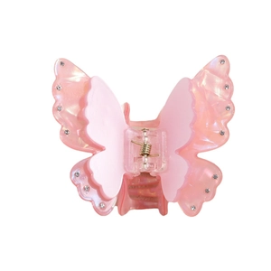 Pince à cheveux papillon rose élégante à double couche avec strass pour femme