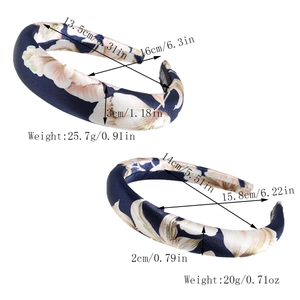 Detailed size specifications for blue satin floral padded headbands with dimensions