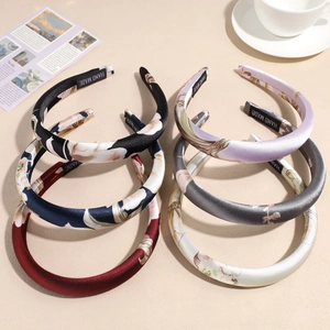 Elegant New Chinese Style Satin Floral Sponge Headband For Women High Skull Top Padded Floral Hair Hoop Handmade Hair Accessories