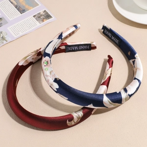 Elegant Chinese style floral satin padded headband in deep red and navy blue finish