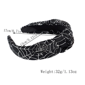 Detail showing dimensions and weight of Halloween knotted headband with silver spider web pattern