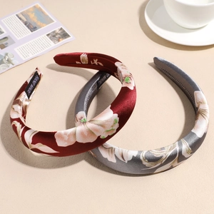 Elegant satin floral padded headbands in burgundy and light gray with vintage patterns