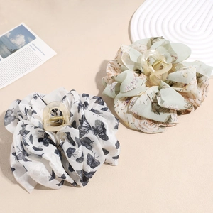 Large Fabric Bow Hair Claw Clip Pleated Chiffon Butterfly Floral Pattern Shark Clip For Women Elegant Hair Accessories
