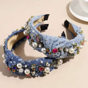 Vintage Denim Knotted Wide Headband With Faux Artificial Pearls Rhinestones Fringed Hair Band For Women Fashion Hair Accessories Gift