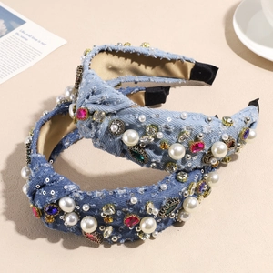 Vintage denim headband with elegant pearls and sparkling rhinestones for women