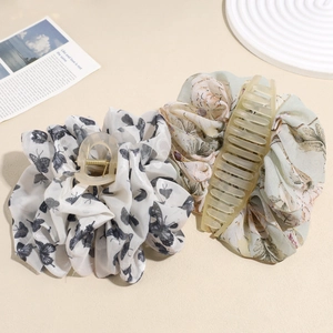 Elegant floral mesh bow claw clips with pleated fabric design for thick hair styling