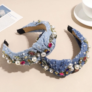 Vintage denim headband set with colorful rhinestones and faux pearls in blue