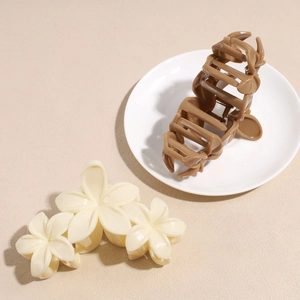Pinces à cheveux fleurs élégantes et clips marron foncé sur une assiette en céramique