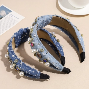 Vintage denim headband set with pearls and rhinestones in dark and light blue colors