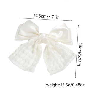 Detailed size specifications of the elegant satin and lace bow hair clip in ivory white