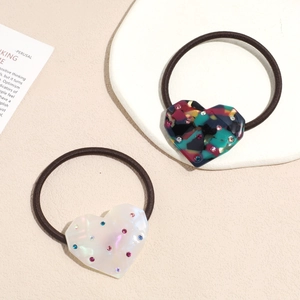 Sweet heart hair ties with colorful rhinestones and acetate floral pattern in two-piece set