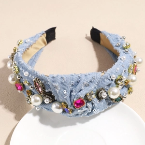 Vintage denim headband with cross knot design, pearls and colorful rhinestones