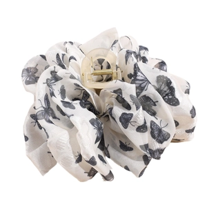 Large hair claw clip with pleated mesh fabric and elegant black butterfly patterns