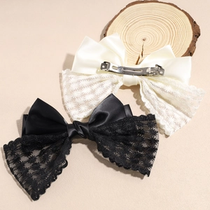 Elegant satin and lace double-layer bow hair clip set in black and cream white colors
