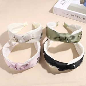 Korean Satin Knotted Wide Headband For Women Elegant Artificial Pearl Butterfly Hair Accessory Fashion Sweet Solid Hair Hoop Headwear