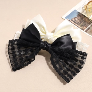 Elegant black satin and white lace bow hair clips set for women fashion accessories