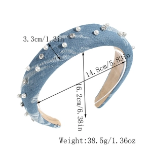 Detailed size specification for the denim headband with pearls and rhinestones
