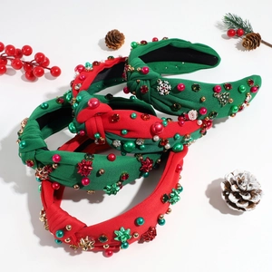 Cerchietto Natalizio con Perline e Nodo Fascia in Tessuto a Bordo Largo con Künstliche Perle e Strass Motivi Natalizi per Donna Accessori Festa