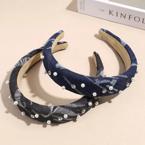 Vintage Denim Fabric Padded Headband With Artificial Pearls Rhinestones Fashion Wide Hair Band For Women Daily Hair Accessories