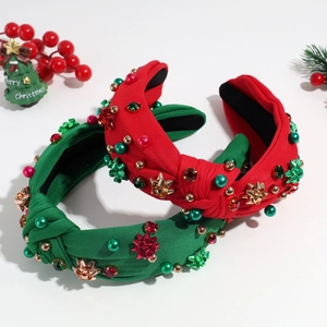 Cerchietti natalizi con nodo, perle, strass e stelle in festosi colori rosso e verde vivo