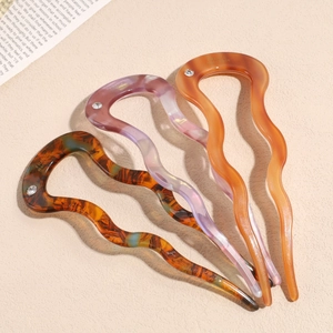 French Handmade Acetate Wave Hair Fork With Rhinestone U-shaped Vintage Hair Stick For Women Elegant Styling Accessory