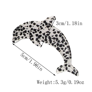Detailed view of acetic leopard print dolphin hair clip with size 5cm and 3cm dimensions