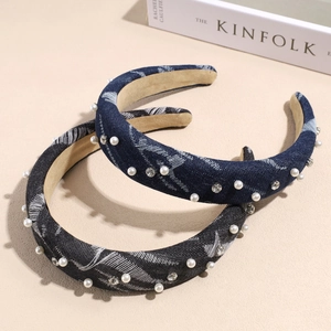 Fashionable denim headband with hand-set pearls and rhinestones on a soft sponge base