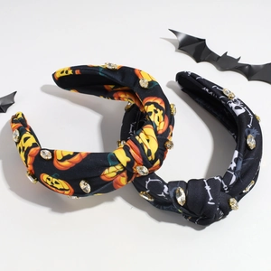 Halloween knot headbands set with rhinestone pumpkin and skull patterns on black fabric