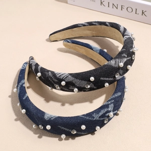 Fashion denim headband with pearls and rhinestones in dark blue and black grey colors
