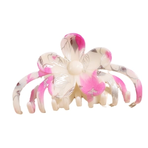 Eleganter großer Haarklammer in Creme mit rosa Blumenmuster und silbernen Blättern